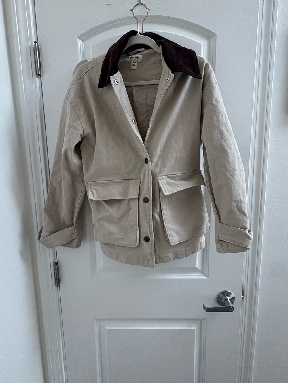 Beige Cotton Field Jacket with Dark Brown Collar by open edit